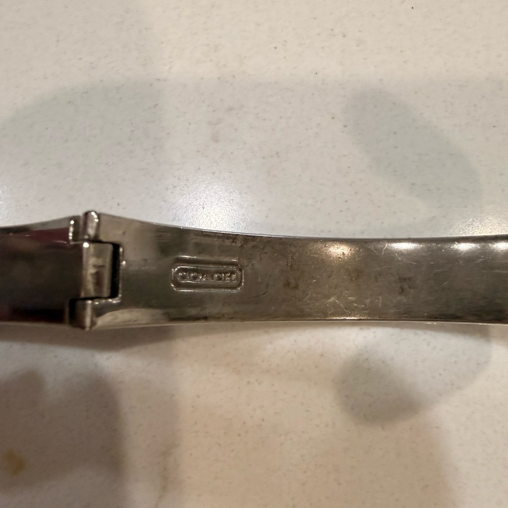 Coach Signature Silver Push Button Black Enamel Bangle Bracelet Silver Tone - Picture 3 of 4